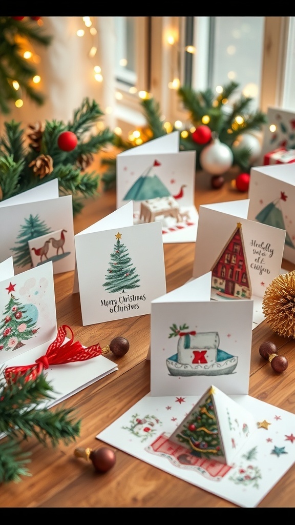 Creative Christmas Card Ideas Tutorial A variety of creative Christmas cards with different designs on a wooden table, surrounded by festive decorations.